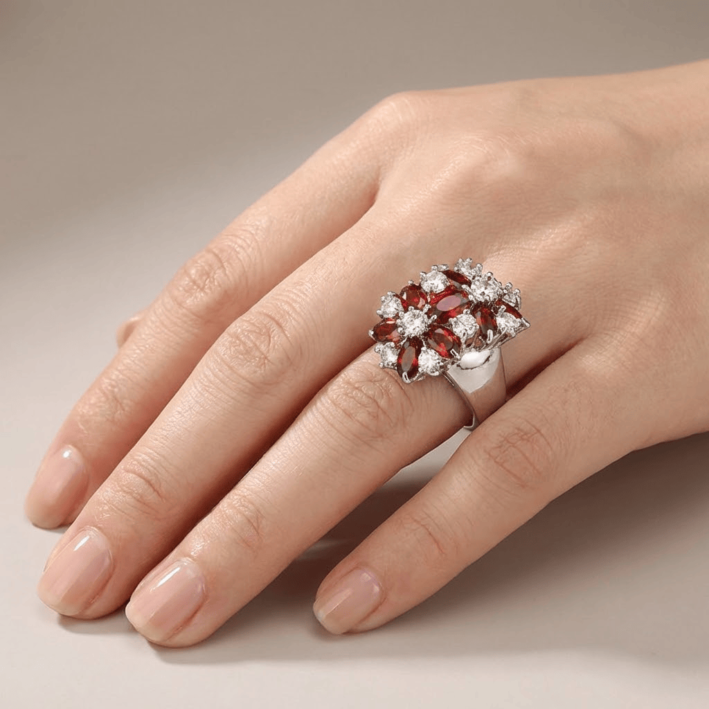 RED GARNET CLUSTER SILVER FLOWER RING