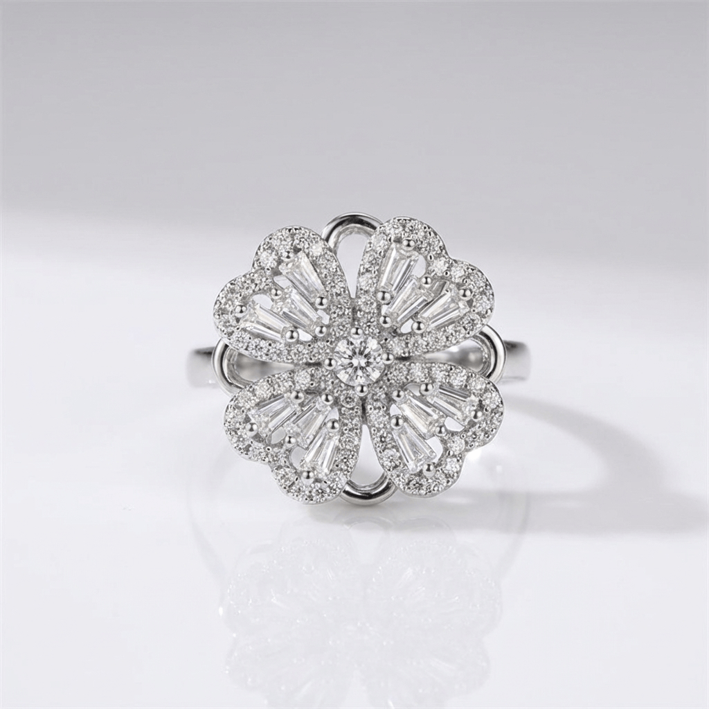 BAGUETTE ZIRCONIA ROTATING FLOWER RING - (ADJUSTABLE)