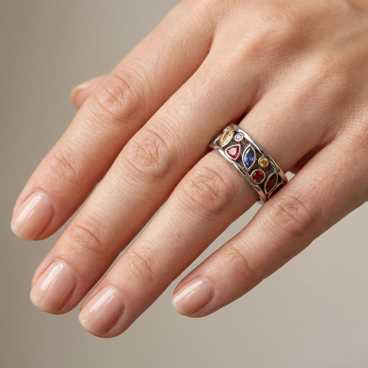 SILVER MULTI STONE RAINBOW RING