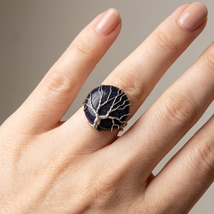 TREE OF LIFE BLUE SANDSTONE SILVER RING - (ADJUSTABLE)