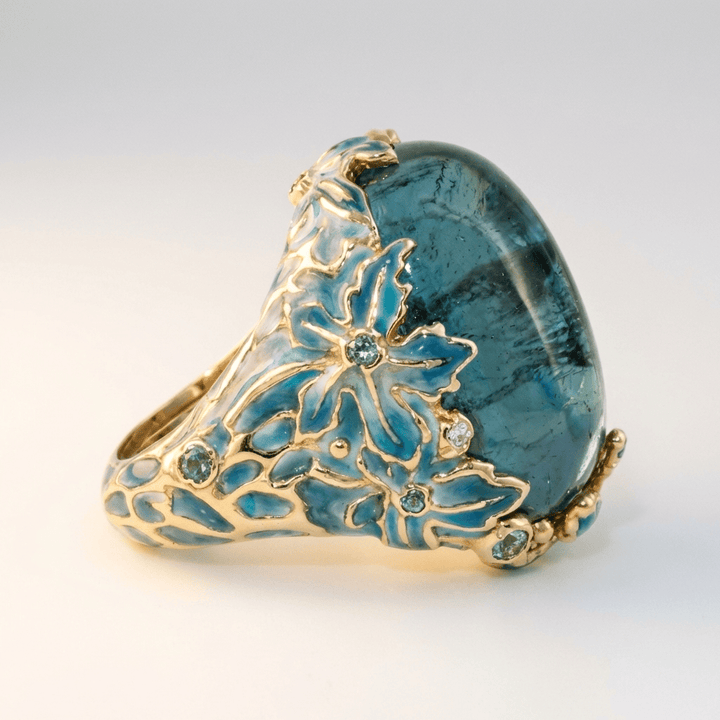 GOLD BLUE APATITE FLOWER RING