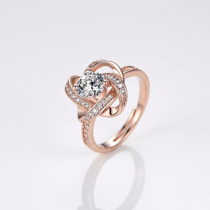 ROSE GOLD ZIRCONIA TWISTED KNOT RING - (ADJUSTABLE)