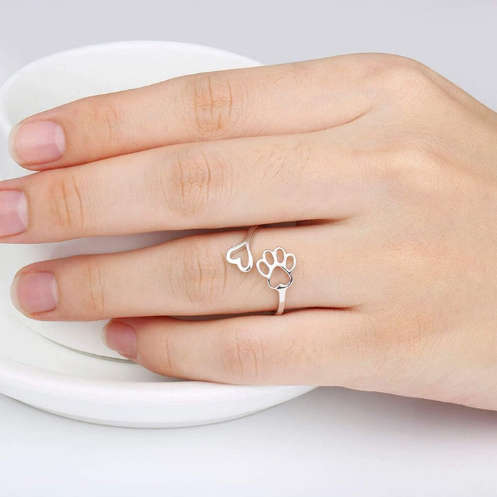Handcrafted Paw & Heart Ring – Adjustable 925 Sterling Silver