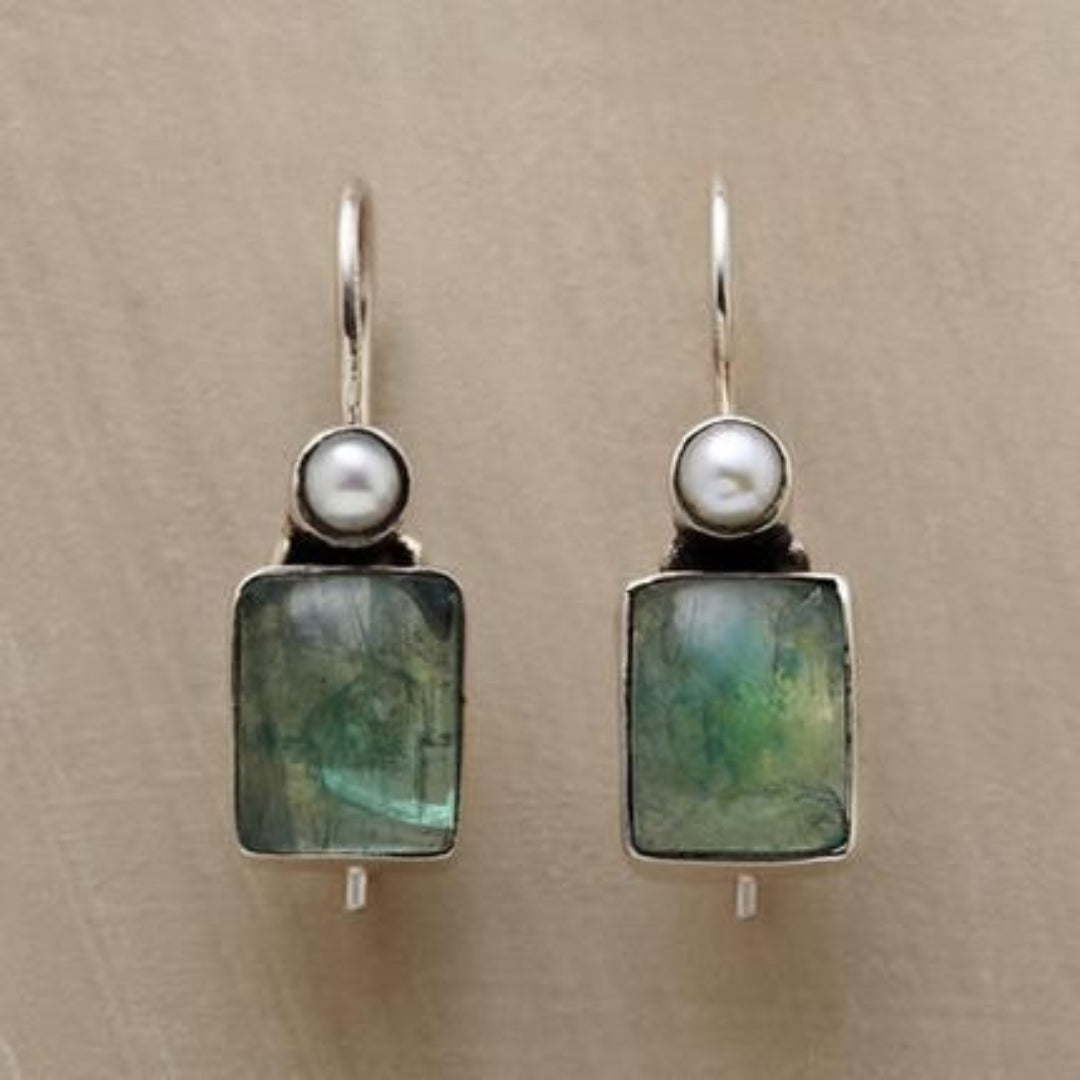 Vintage Green Stone Inlay Bead Earrings