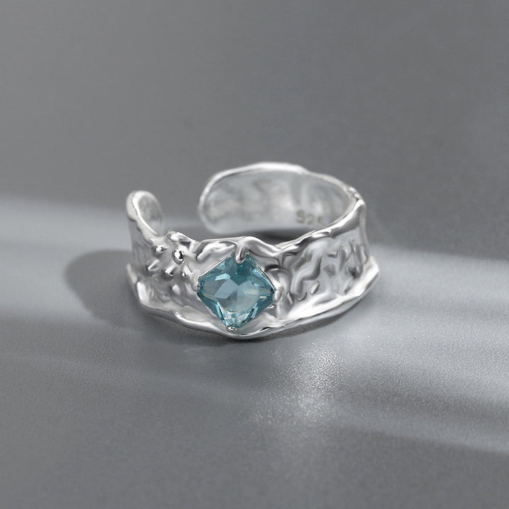 SILVER AQUAMARINE TEXTURED RING - (ADJUSTABLE)