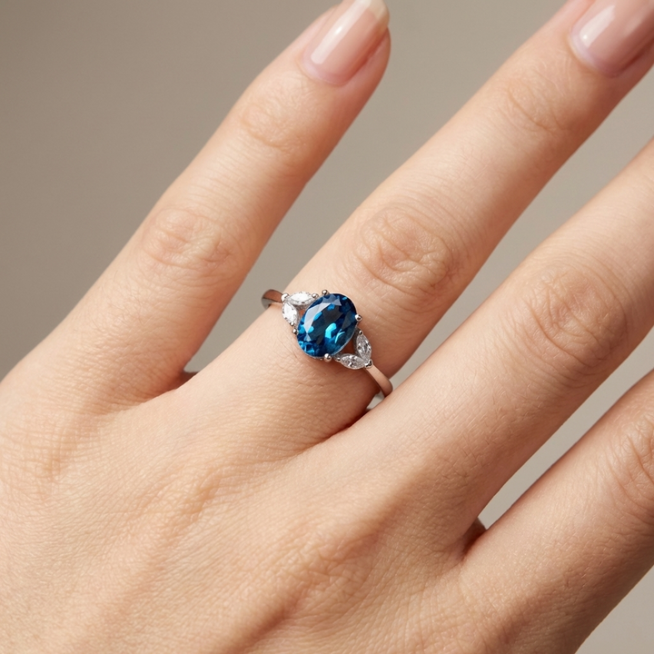 SILVER BLUE TOPAZ OVAL RING - (ADJUSTABLE)